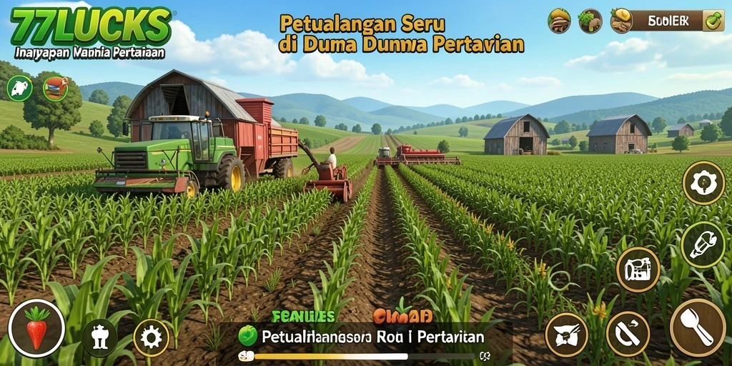 Tampilan gameplay <strong>77LUCKS</strong> menunjukkan lahan subur dan aktivitas bertani.